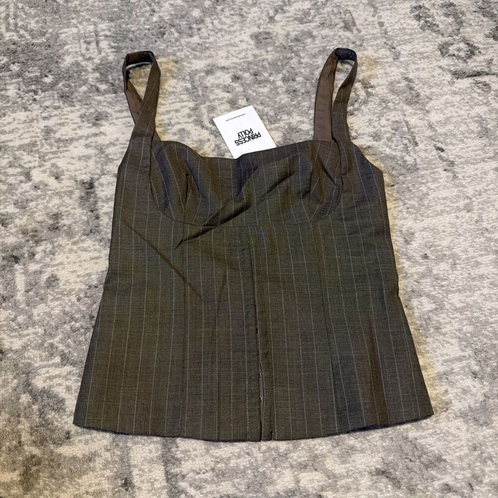 Princess Polly Nylen Tailored Suiting Top Brown Pinstripe US 4